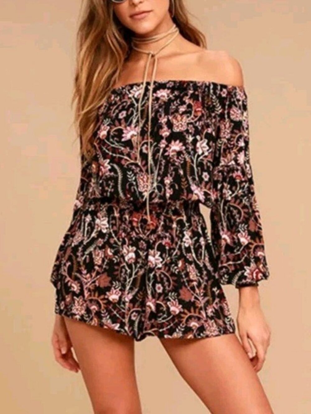FREE PEOPLE Pretty and Free Black Floral Print Rayon Romper Sz S Boho